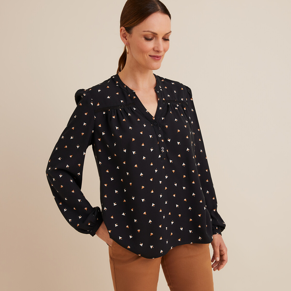 Blouse imprimee col v manches longues Anne Weyburn imprime fond noir La Redoute