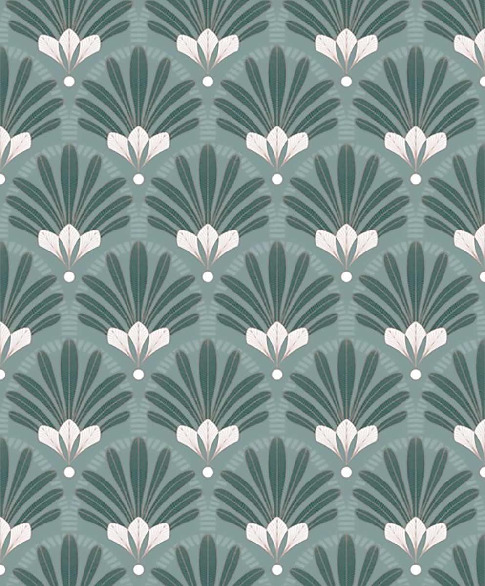 Papier peint éventails Art Nouveau bleu canard, HEXOA