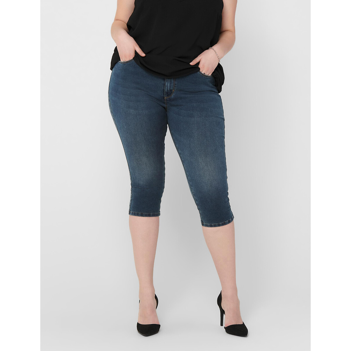 Cotton Mix Cropped Trousers with High Waist