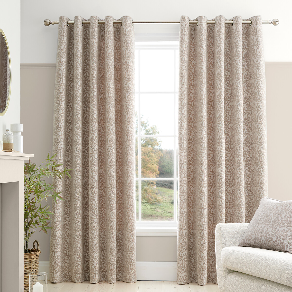 Chenille Leaves Lined Eyelet Curtains, BIANCA FINE LINENS