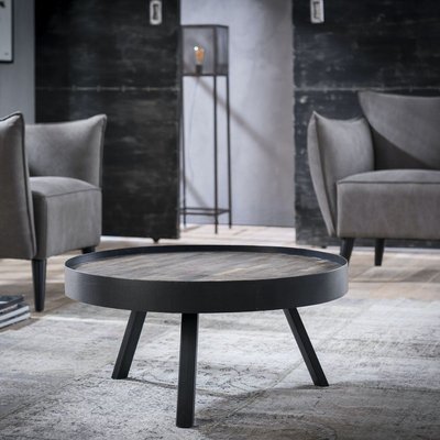 Table basse ronde 75cm bois teck et métal gris style industriel contemporain JAVA PIER IMPORT
