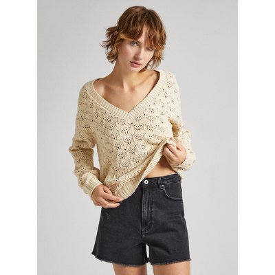 Cotton Openwork Knit Jumper with V-Neck PEPE JEANS