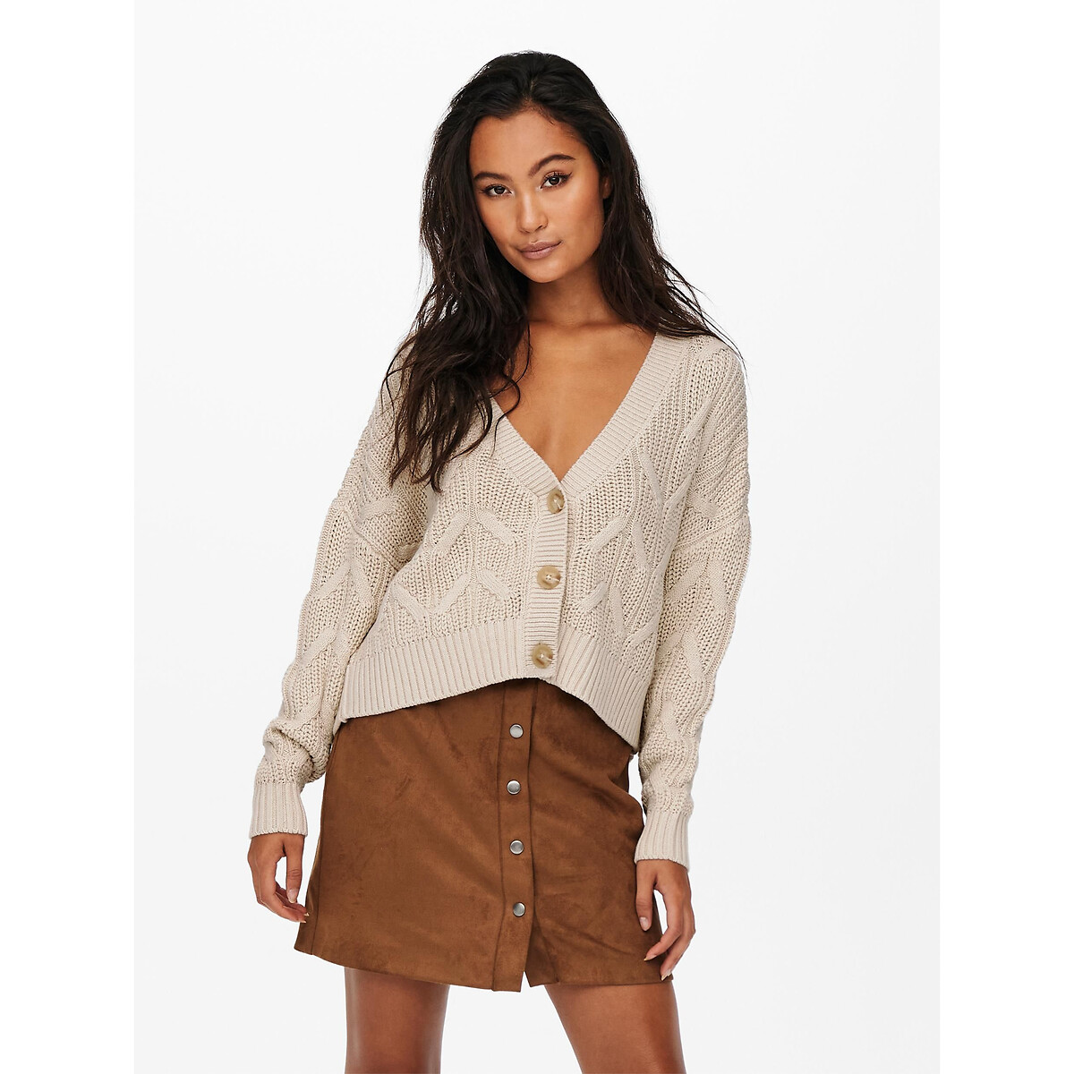 Chunky Knit Cropped Cardigan in Cotton Mix with V-Neck