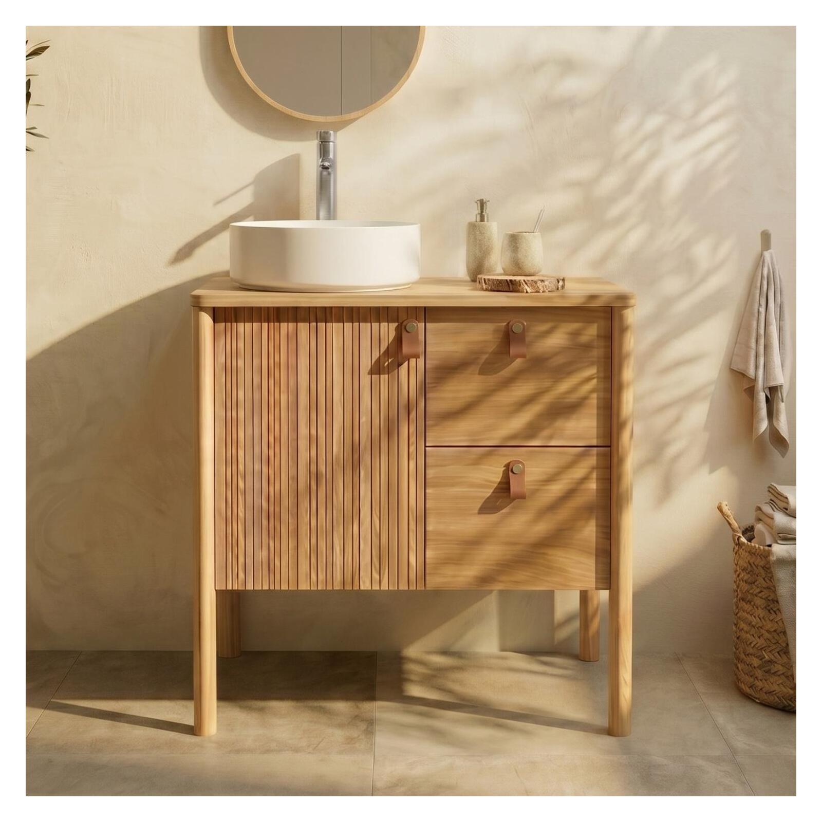 Meuble chêne 80cm sur pieds, vasque blanche et robinet JOY, MOB IN