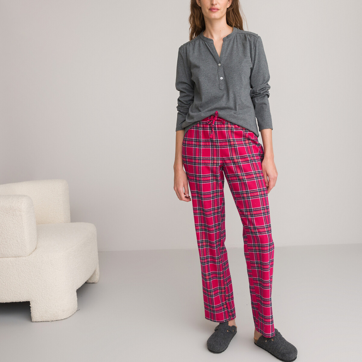 Cotton Pyjamas with Plain Top/Checked Flannelette Trousers