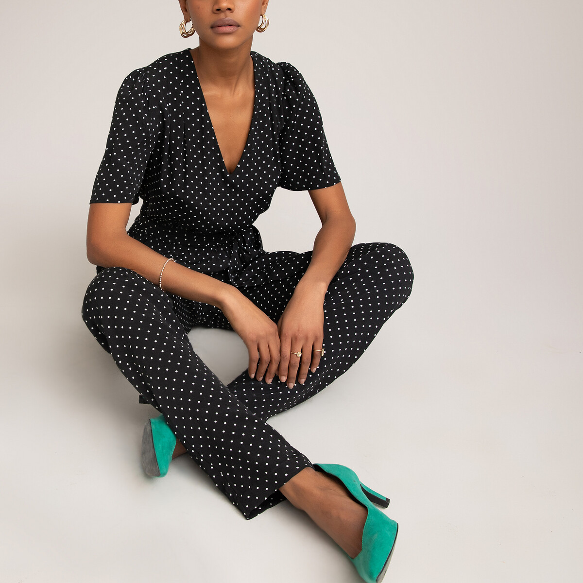 Polka Dot Jumpsuit With V Neck Length 30 5 Black With White Polka Dots La Redoute Collections La Redoute
