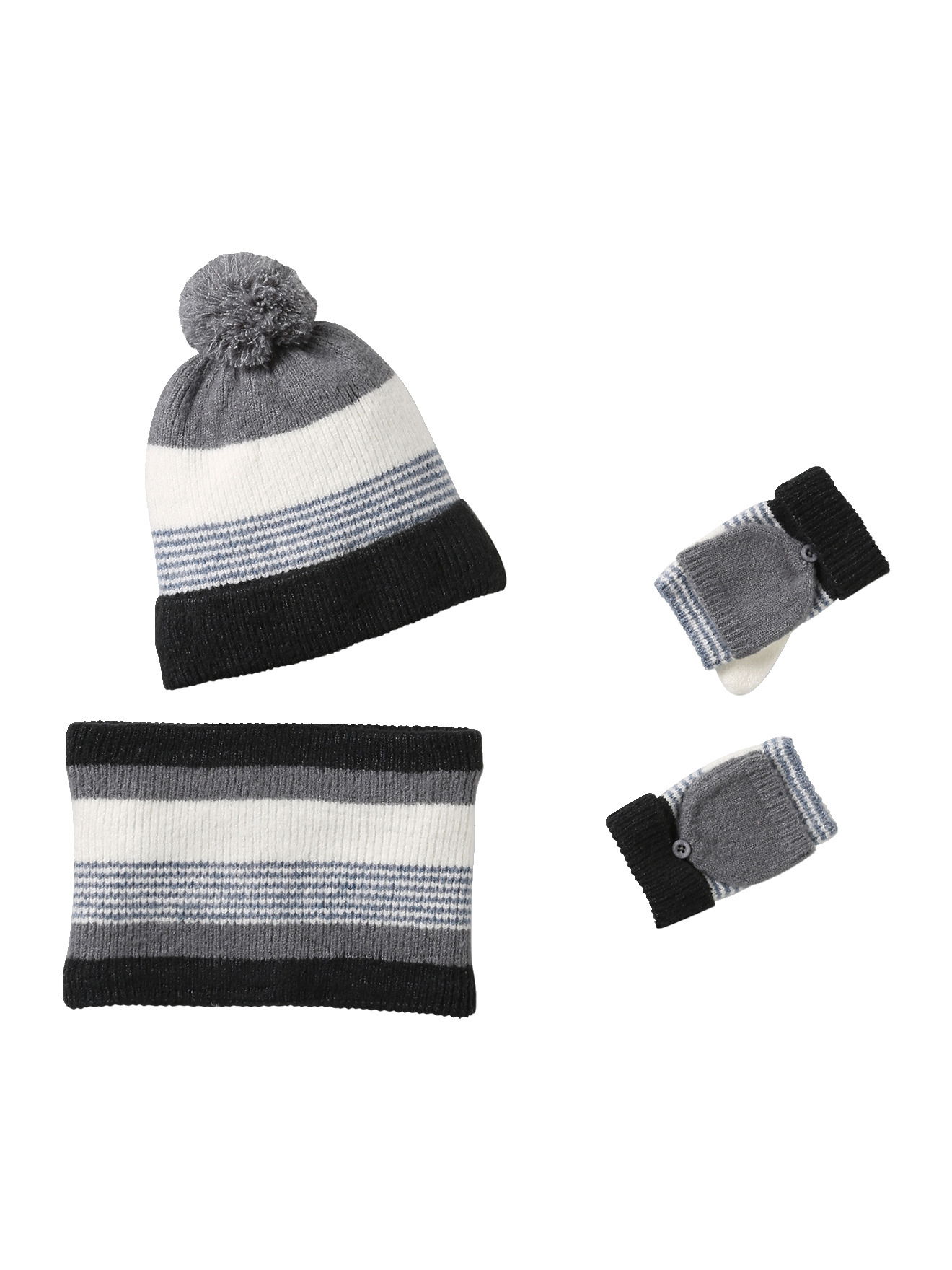 Ensemble bonnet + snood + gants rayés, VERTBAUDET