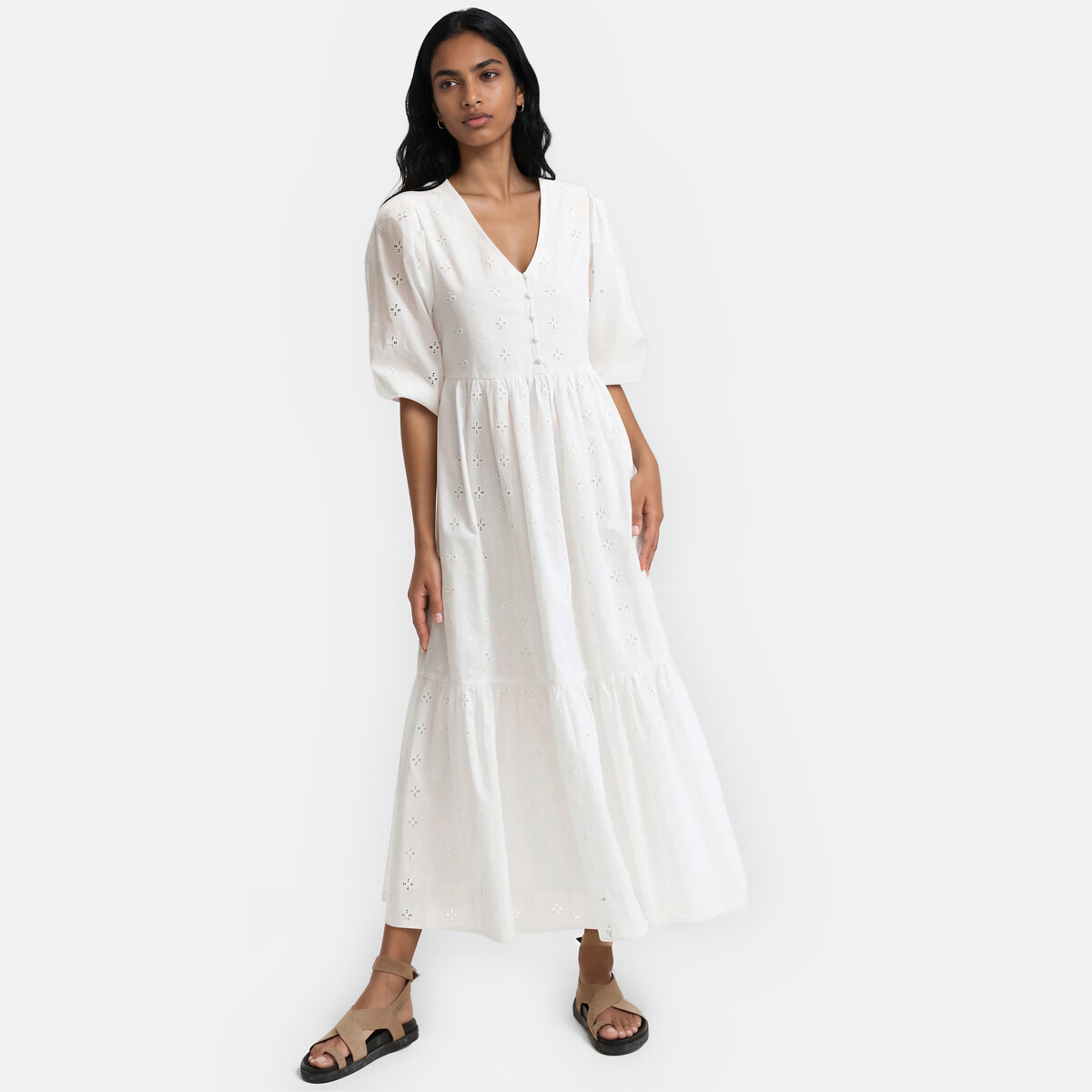 Robe longue en broderie anglaise col V, LA REDOUTE COLLECTIONS