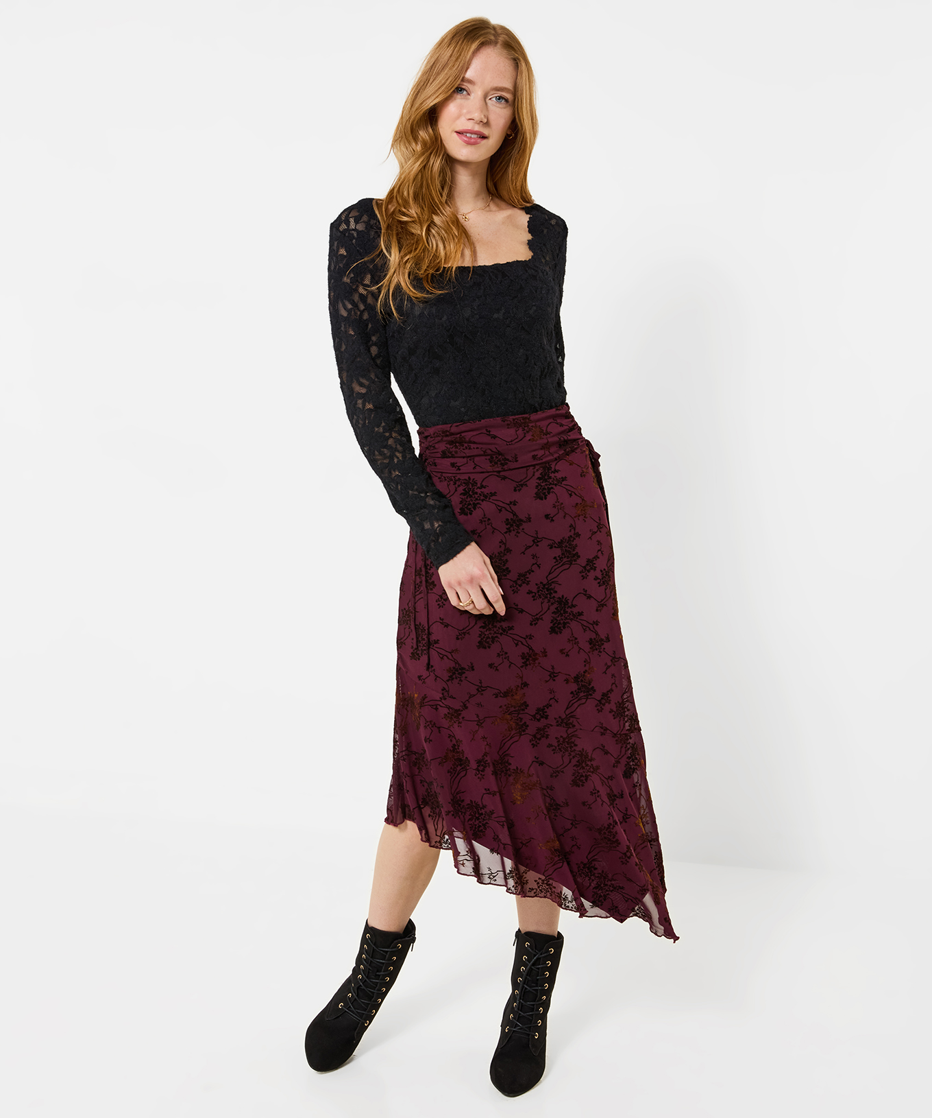 Jupe Asymétrique Floquée Fleurie à Détail Lacé, JOE BROWNS