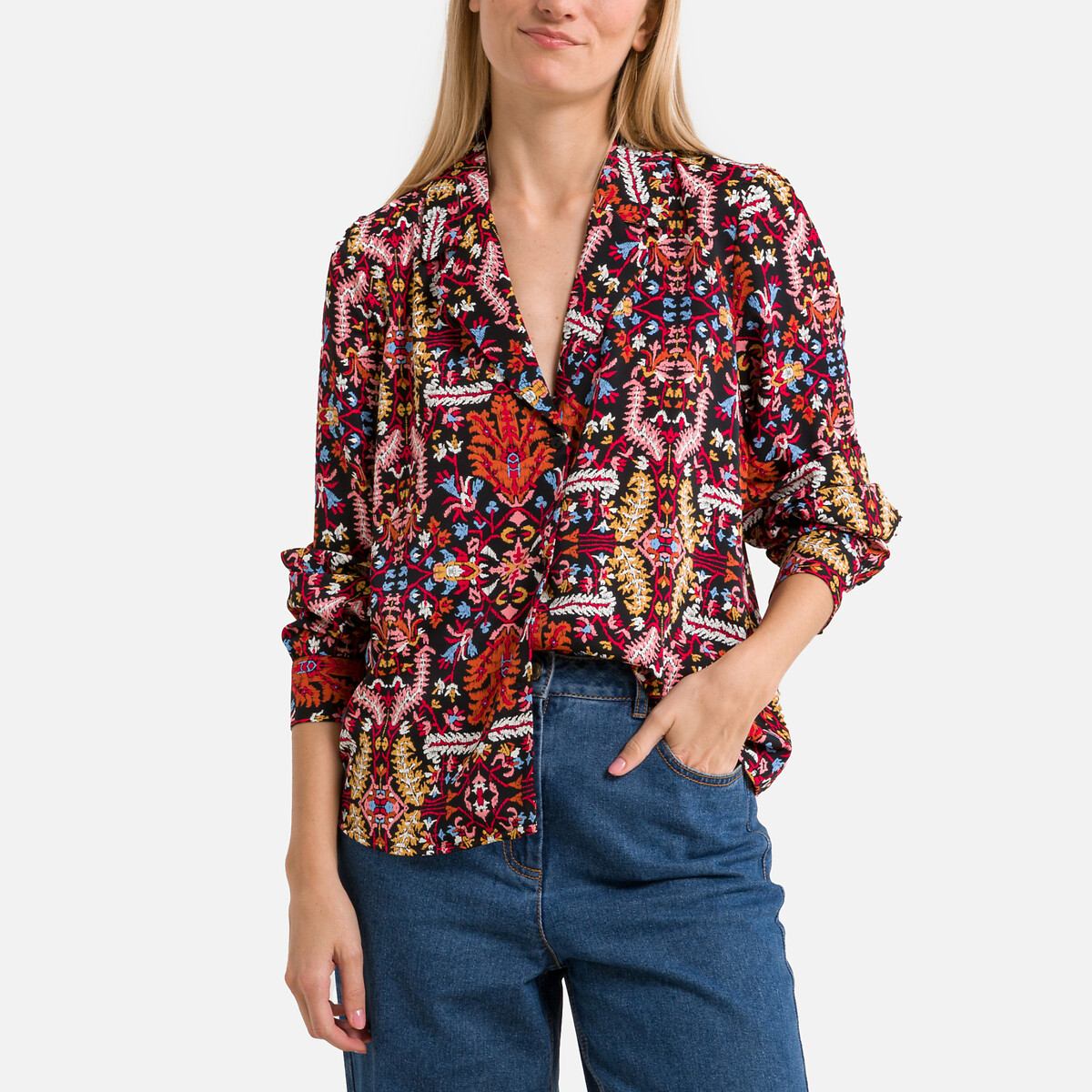 Image of Printed Tailored Collar Blouse with Long Sleeves
