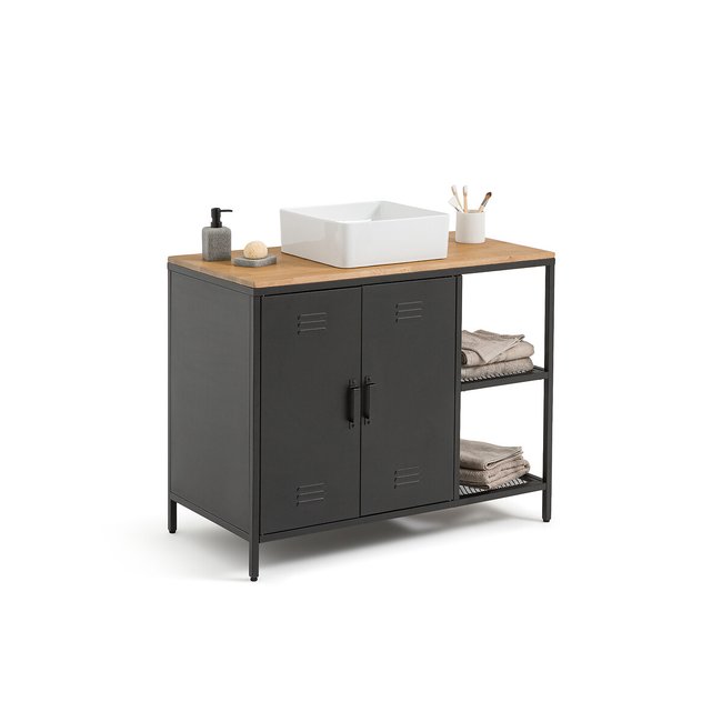 Mueble de lavabo, roble y acero, Hiba negro/madera <span itemprop=