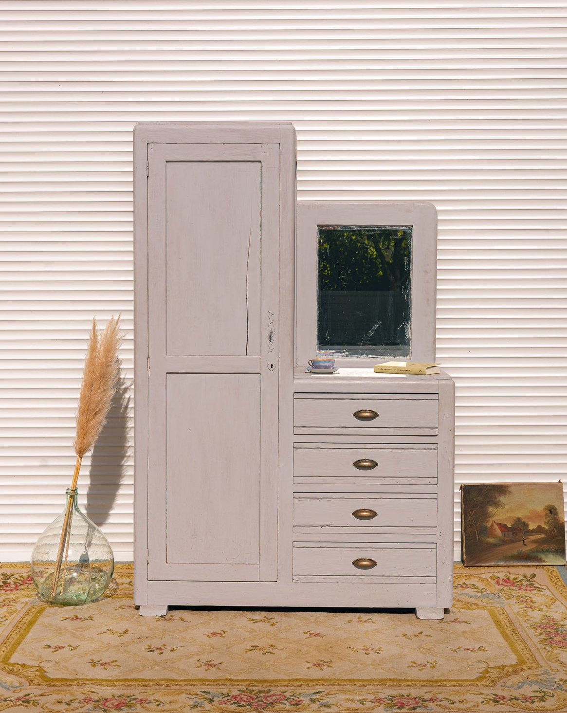 Armoire asymétrique en bois bleu gris Blandine N°489 - Bon état, DEBONGOUT
