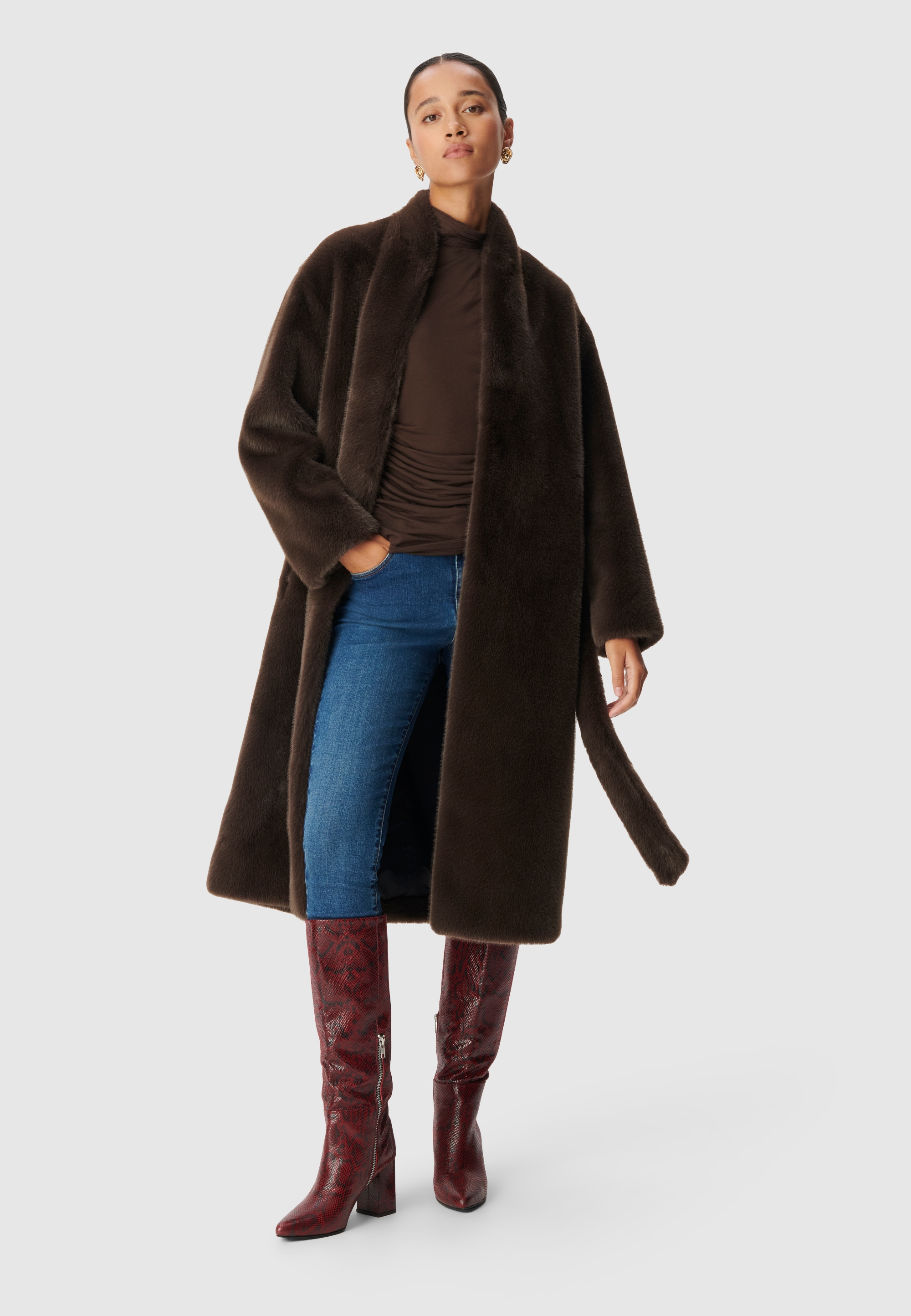 Manteau long col montant avec ceinture, IKKS