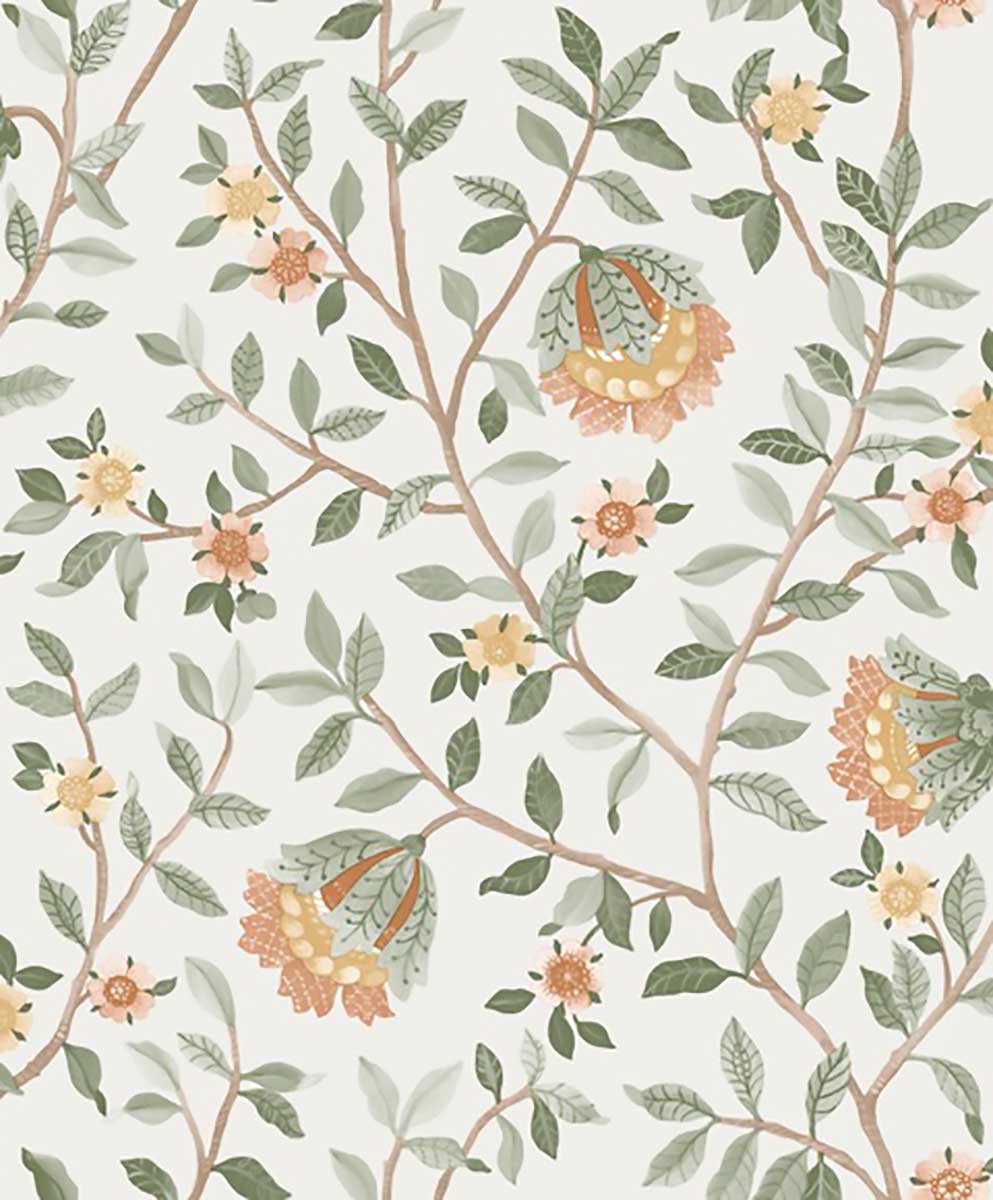 Papier peint fleuri botanique fond blanc cassé, HEXOA