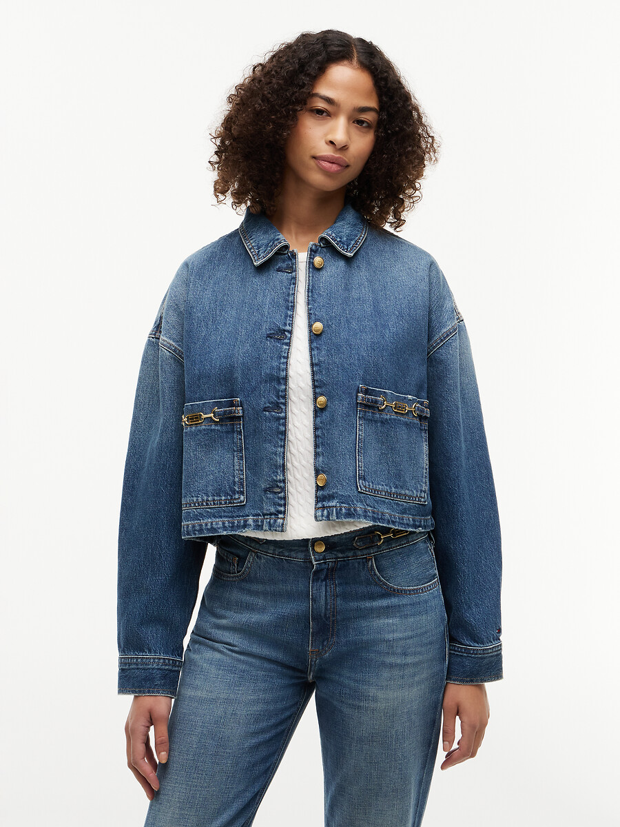 Giacca corta in jeans con morso e bandiera, TOMMY HILFIGER