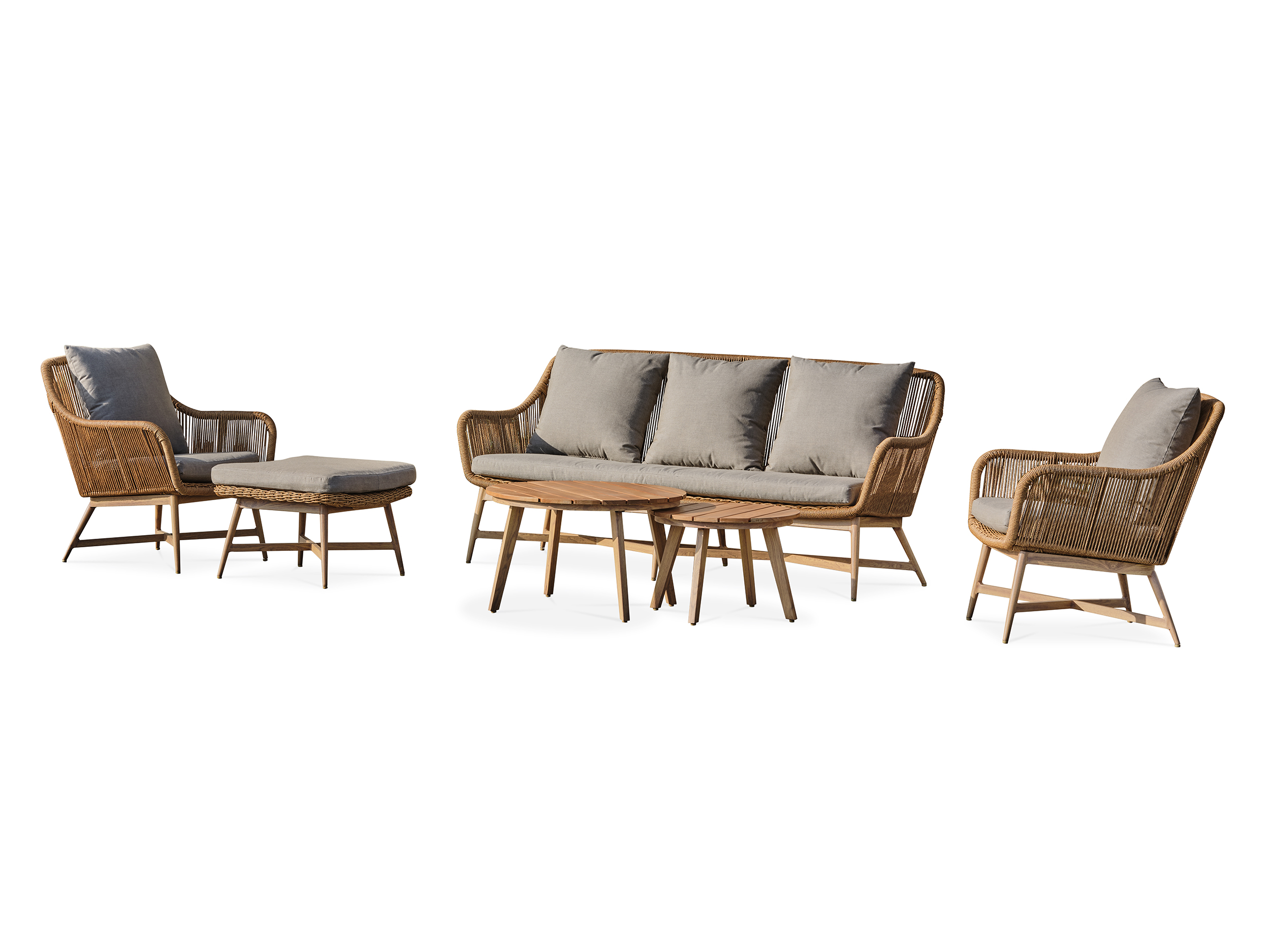 Salon de jardin bas alu aspect bois, teck et corde tissée PALMAS, DCB GARDEN