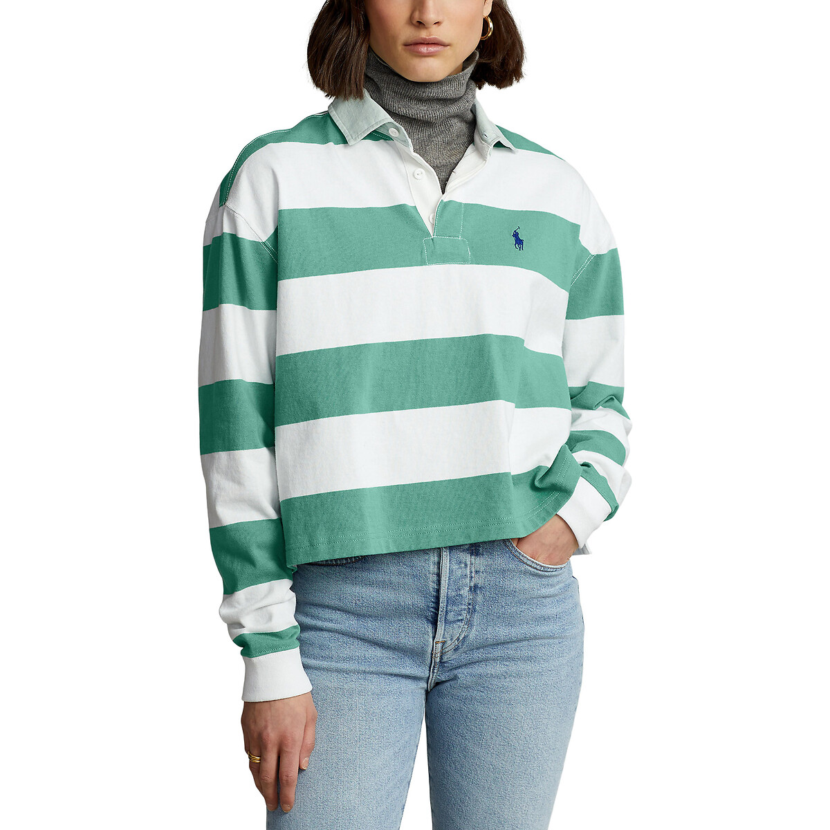 Striped cotton polo shirt with long sleeves , green/ecru, Polo Ralph Lauren  | La Redoute