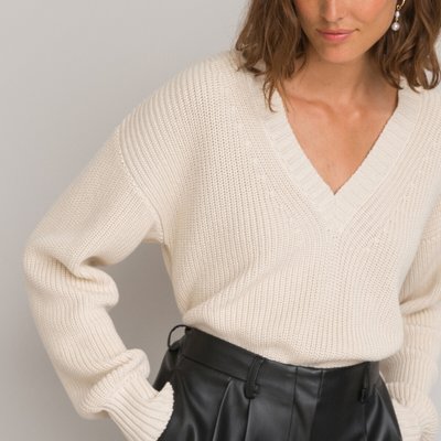 Ribbed Cotton Mix Jumper with V-Neck LA REDOUTE COLLECTIONS