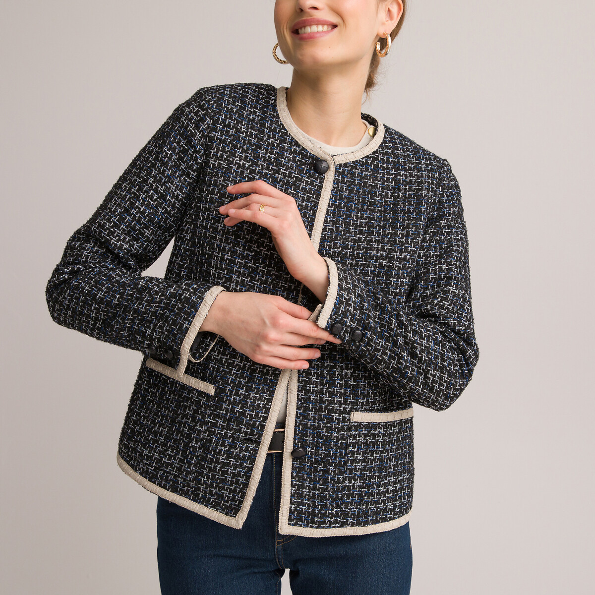 Straight fit tweed jacket, blue tweed, Anne Weyburn | La Redoute