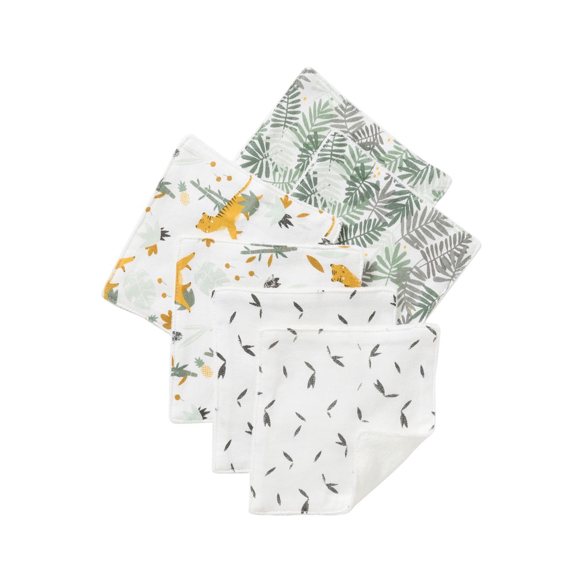 Lot De 6 Lingettes Lavables Bébé - Face Coton Bio + éponge, Imprimé Tigre