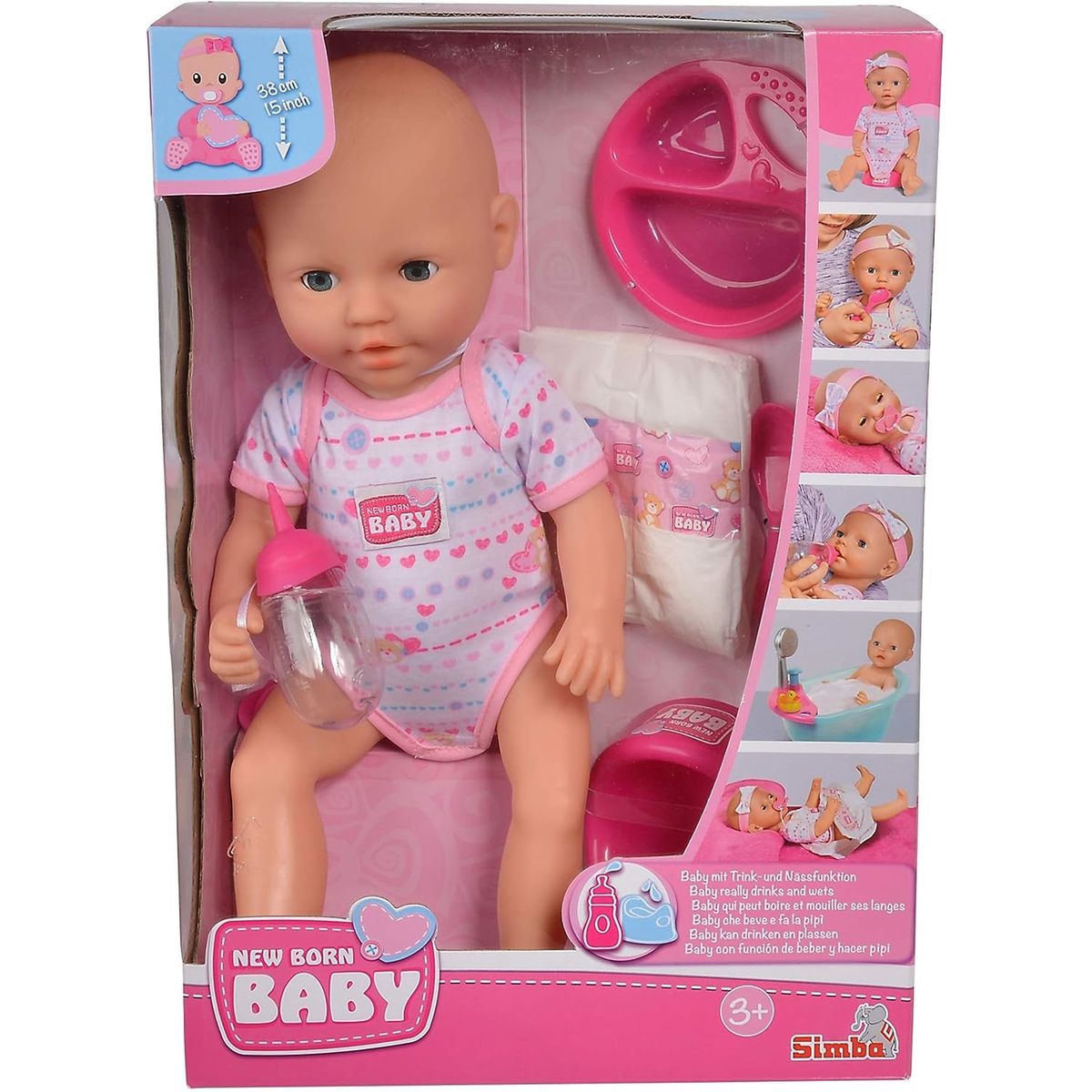 New born baby poupée entièrement en vinyle avec fonction boire et mouiller  avec accessoires - 38 cm multicolore Simba Toys