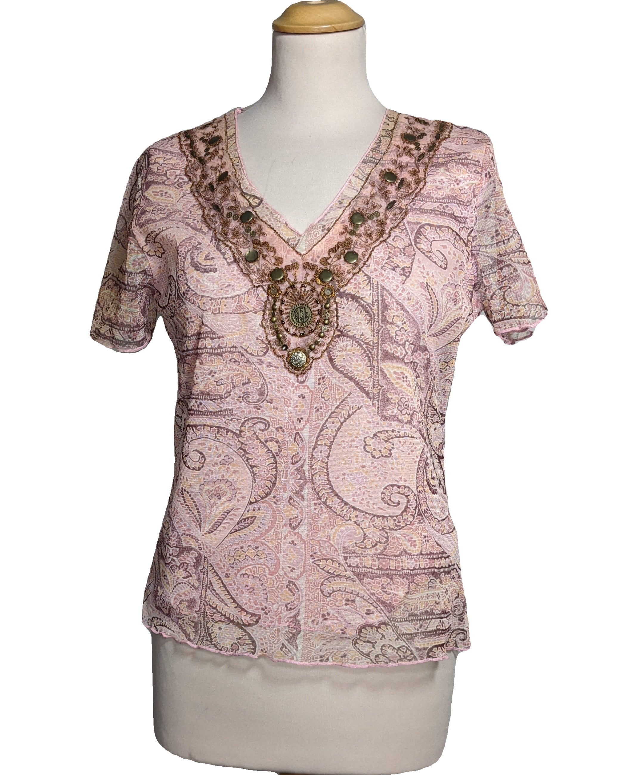 Haut Manches Courtes Affinités Armand Thiery - Motif Panthère, Taille 1 - Coton Blanc - Occasion