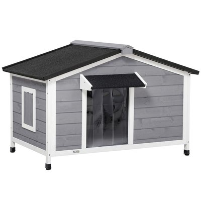 Niche chien style cottage - 2 fenêtres, porte, toit ouvrant - sapin gris PAWHUT