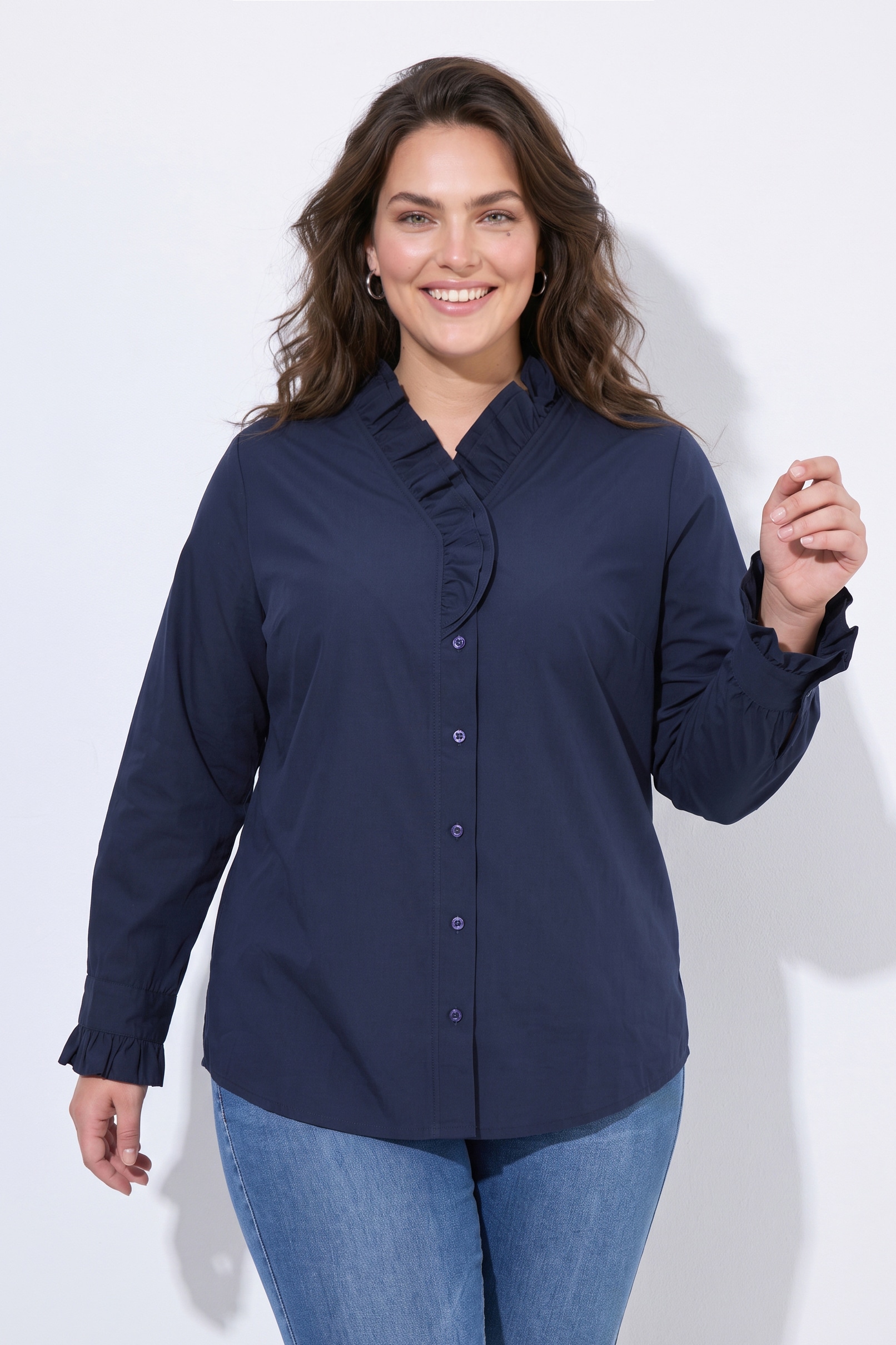 Blouse à encolure en V et col ruché, ULLA POPKEN