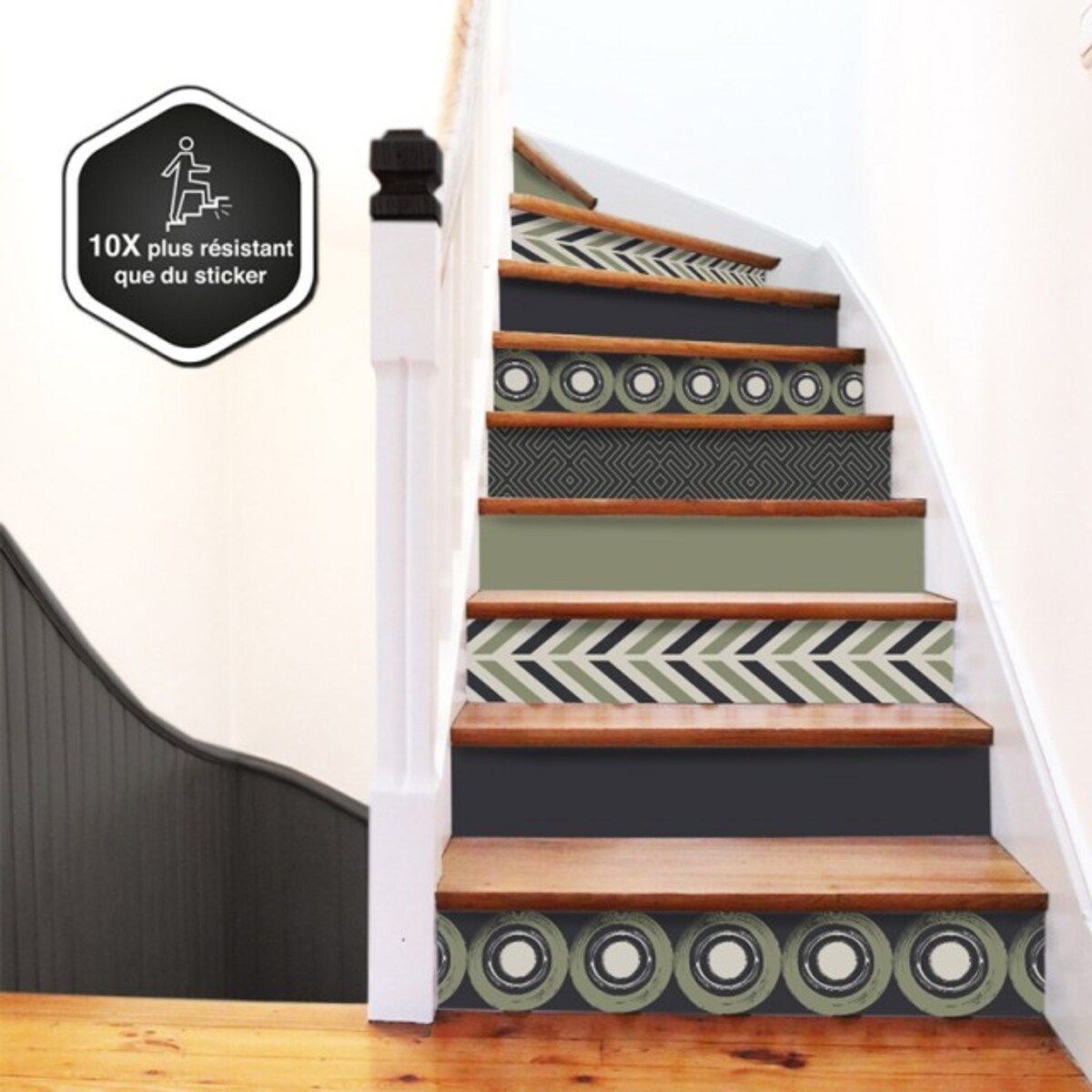 contremarche escalier autocollante pvc ethn'olive 15x100cm - lot de 5