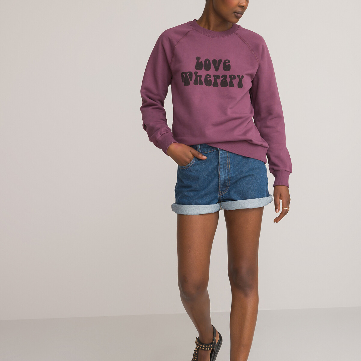 Cotton slogan print sweatshirt with crew neck, made in europe, purple, La  Redoute Collections | La Redoute