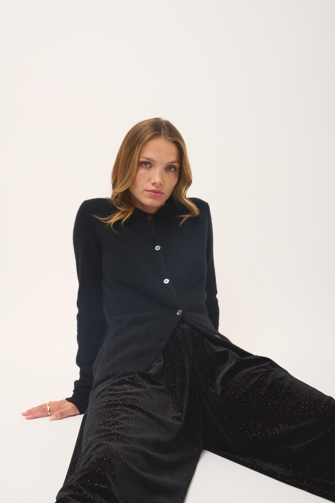 Cardigan Col Rond 4 Fils Noir Rose, JUST CASHMERE