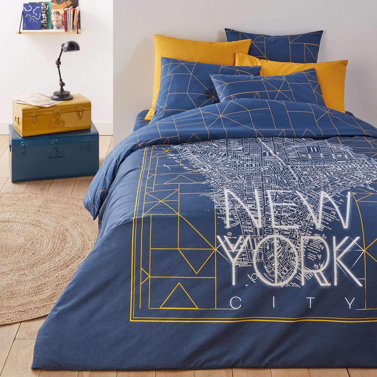 Dwight Geometric New York Cotton Duvet, Dark Blue King Size Duvet Cover