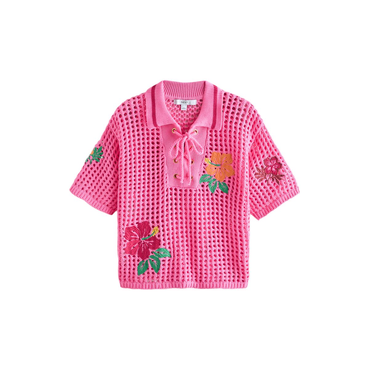 Polo imprimé en mesh de coton à lacets, NEXT