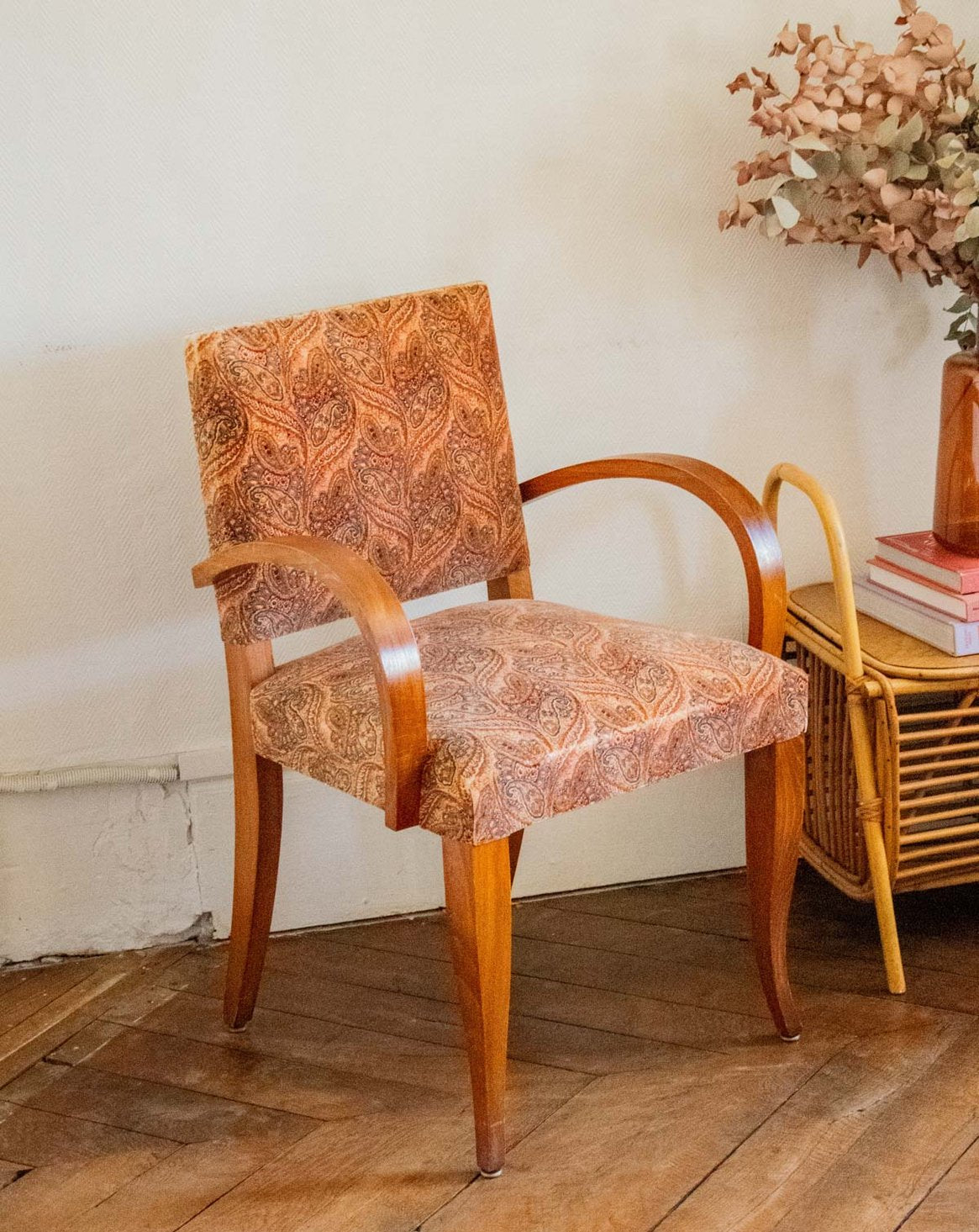 Chaise en bois et tissu Claude N°1039 - Bon état, DEBONGOUT