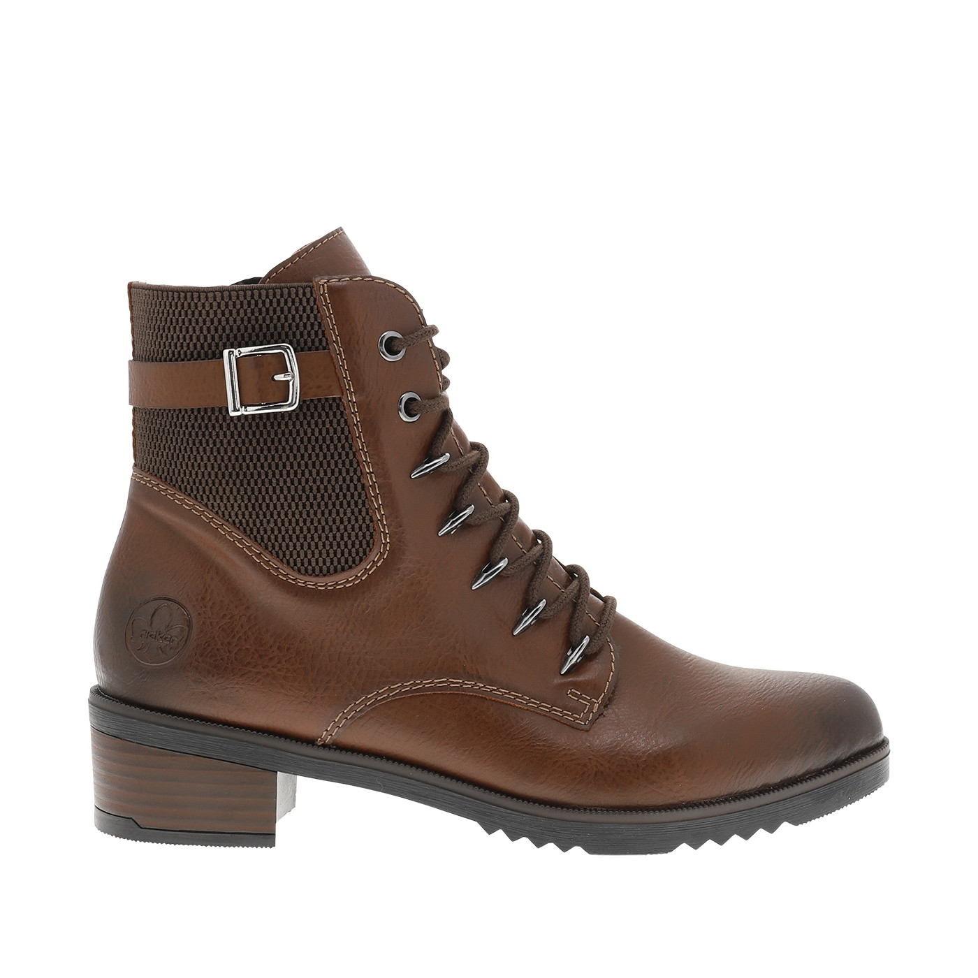 Bottines marron à talon décroché moyen munies de lacets et d'un zip latéral, RIEKER