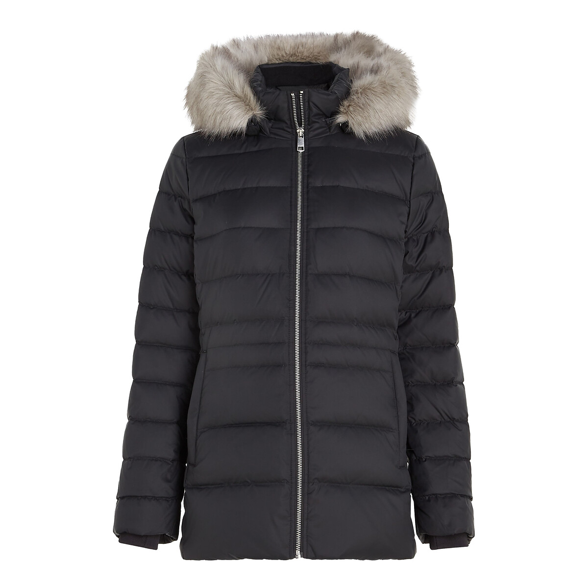 Tommy jeans technical quilted bomber jacket faux fur shop trim hood in black