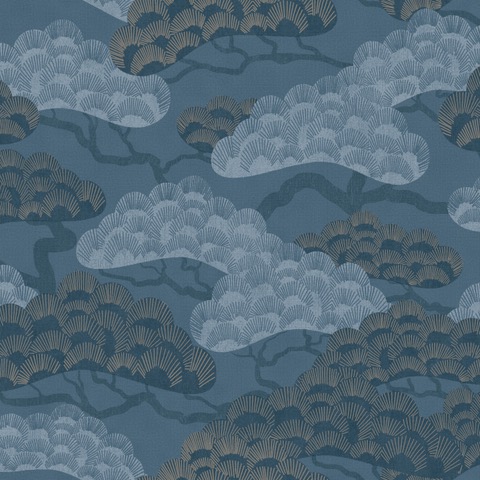 Papier peint pins japonais bleu ardoise doré, HEXOA