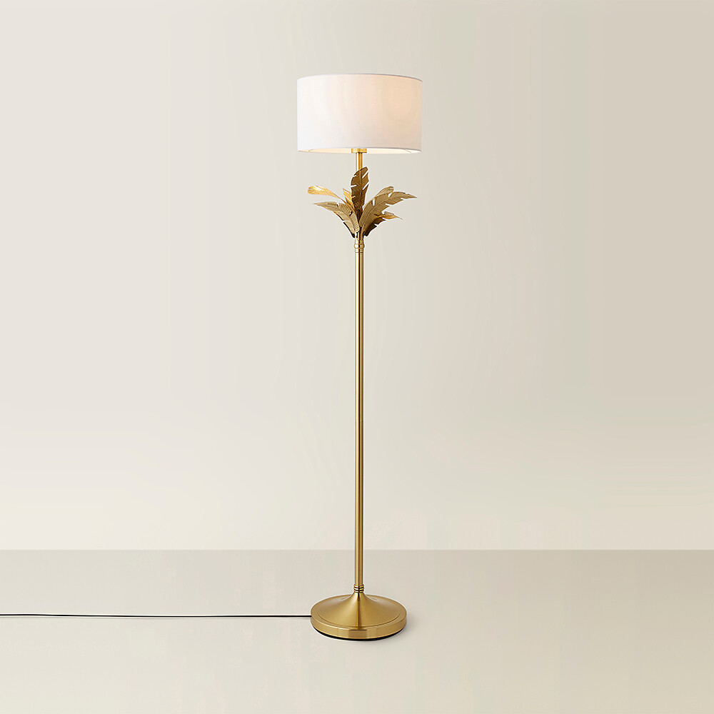 Chrissy Gold Palm Leaf Floor Lamp with Fabric Drum Shade, SO'HOME