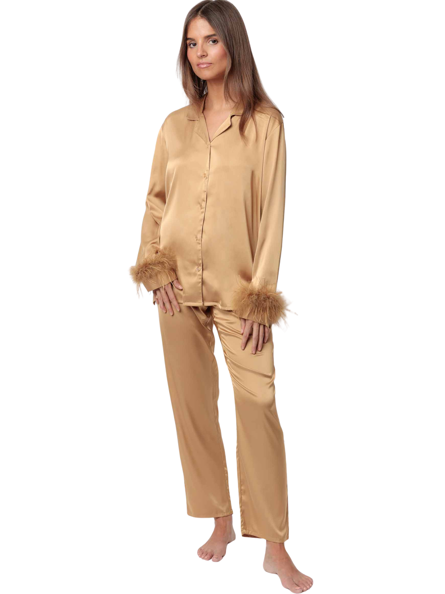 Pyjama satin chemise et pantalon plumes amovibles Plumas Marabu Luxe, ADMAS