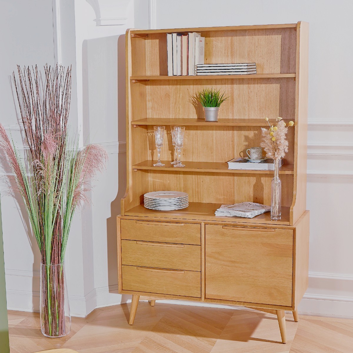 Bibliothèque style scandinave en hévéa, 3 tiroirs, 1 porte DALHIA, ROBIN DES BOIS