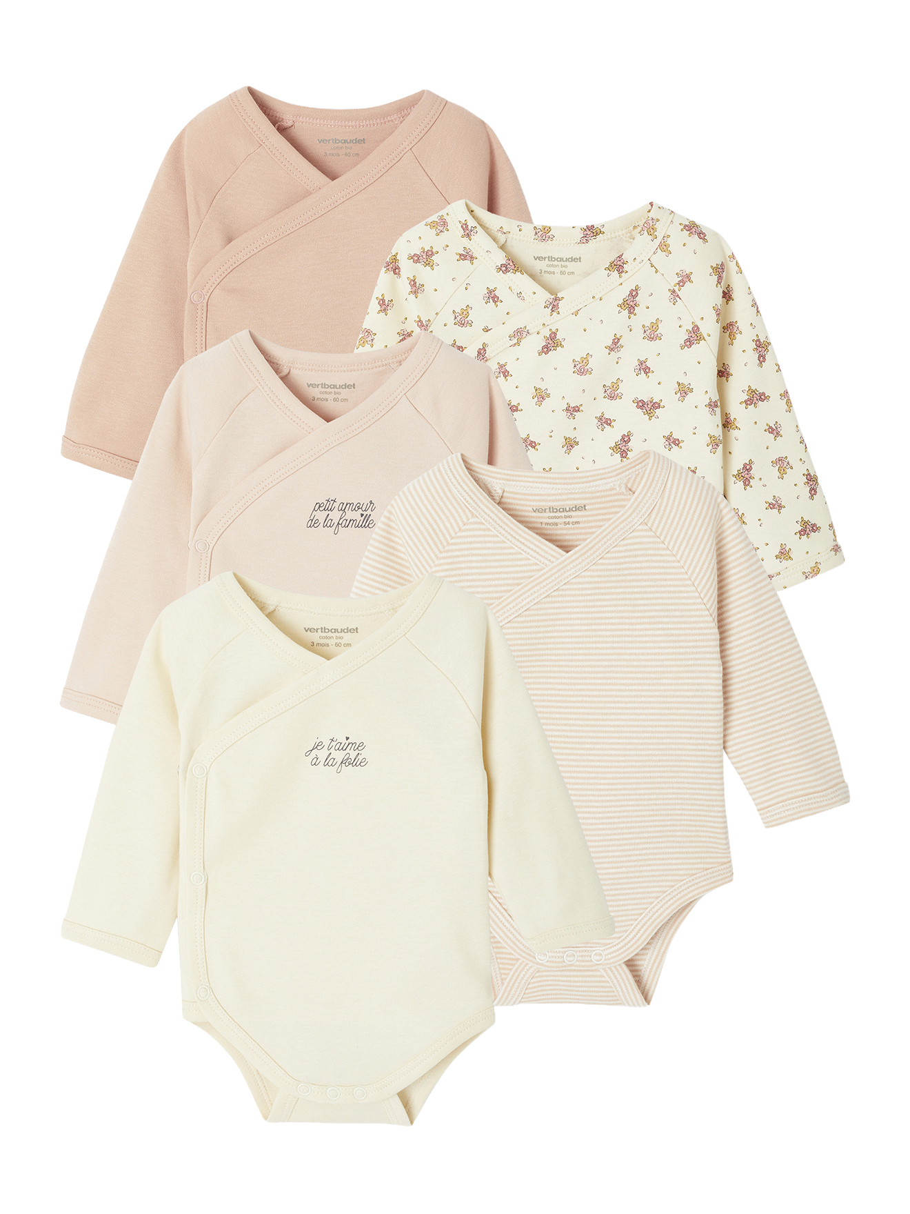 Lot de 5 bodies ouverture naissance, VERTBAUDET