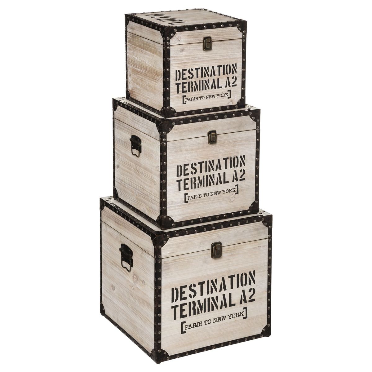 Lot De 3 Malles De Rangement Atmosphera Elio Beige - 32x37x43 Cm En Acier Et Papier