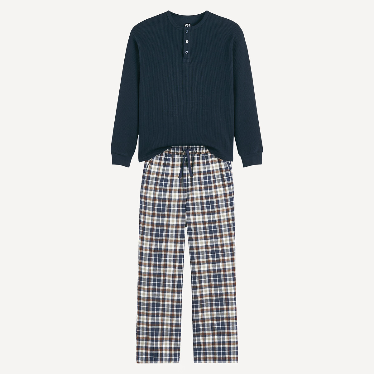 Pyjama 2 pièces, t-shirt tunisien nid d'abeille et pantalon flanelle à carreaux, LA REDOUTE COLLECTIONS