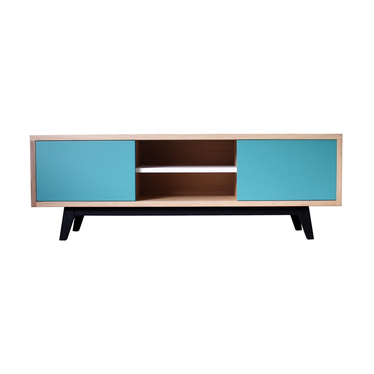 buffet tv chene massif et laque, 2 coulissants 1 niche, made in france