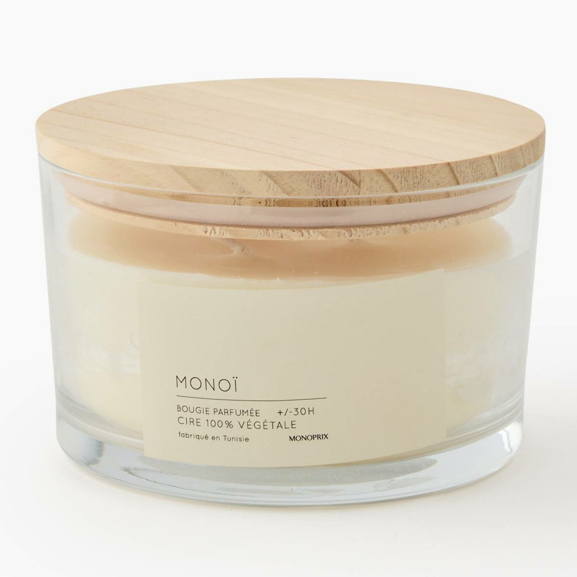 Bougie 3 mèches dans un verre en cire végétale parfum monoï, MONOPRIX