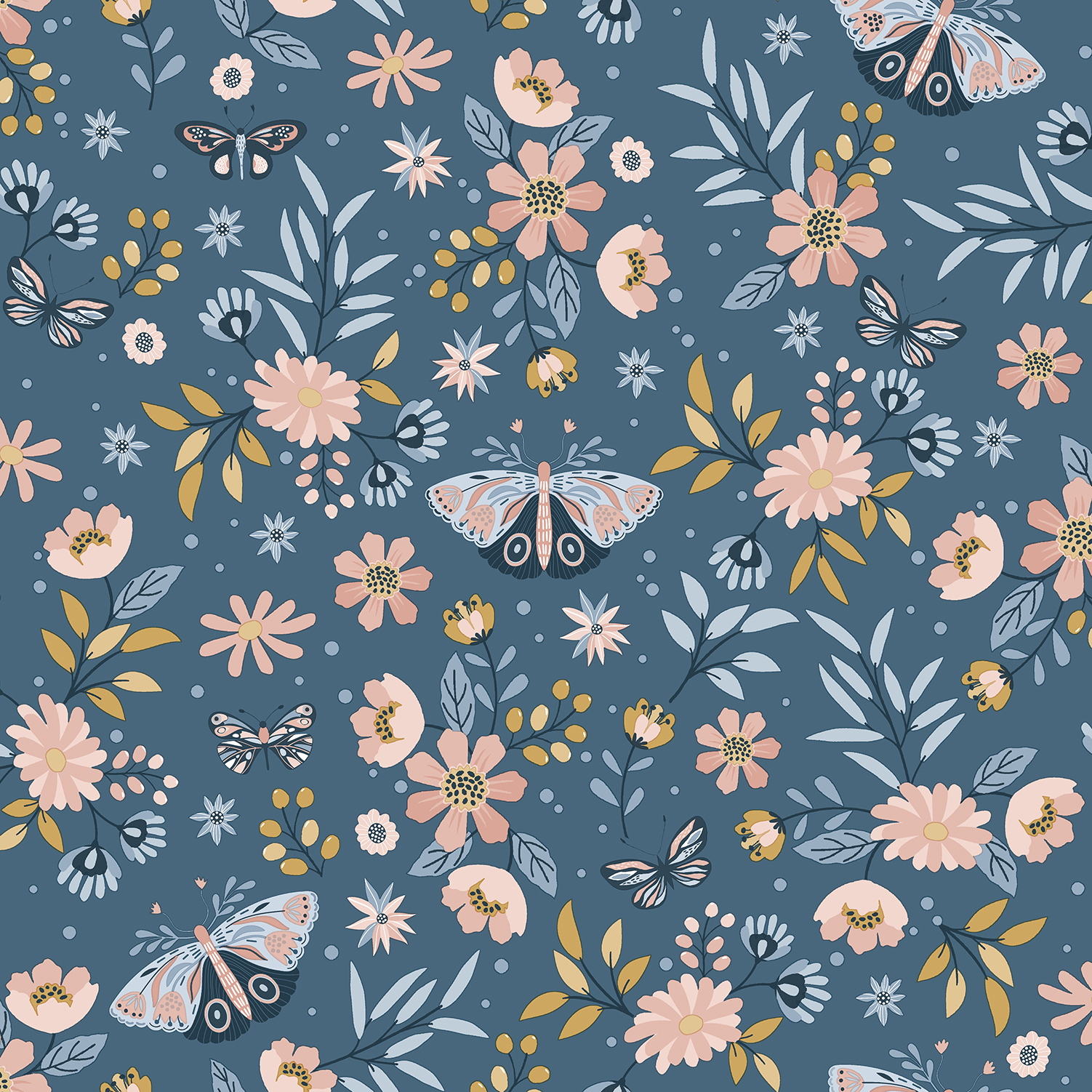 Papier peint floral papillons fond bleu nuit, HEXOA