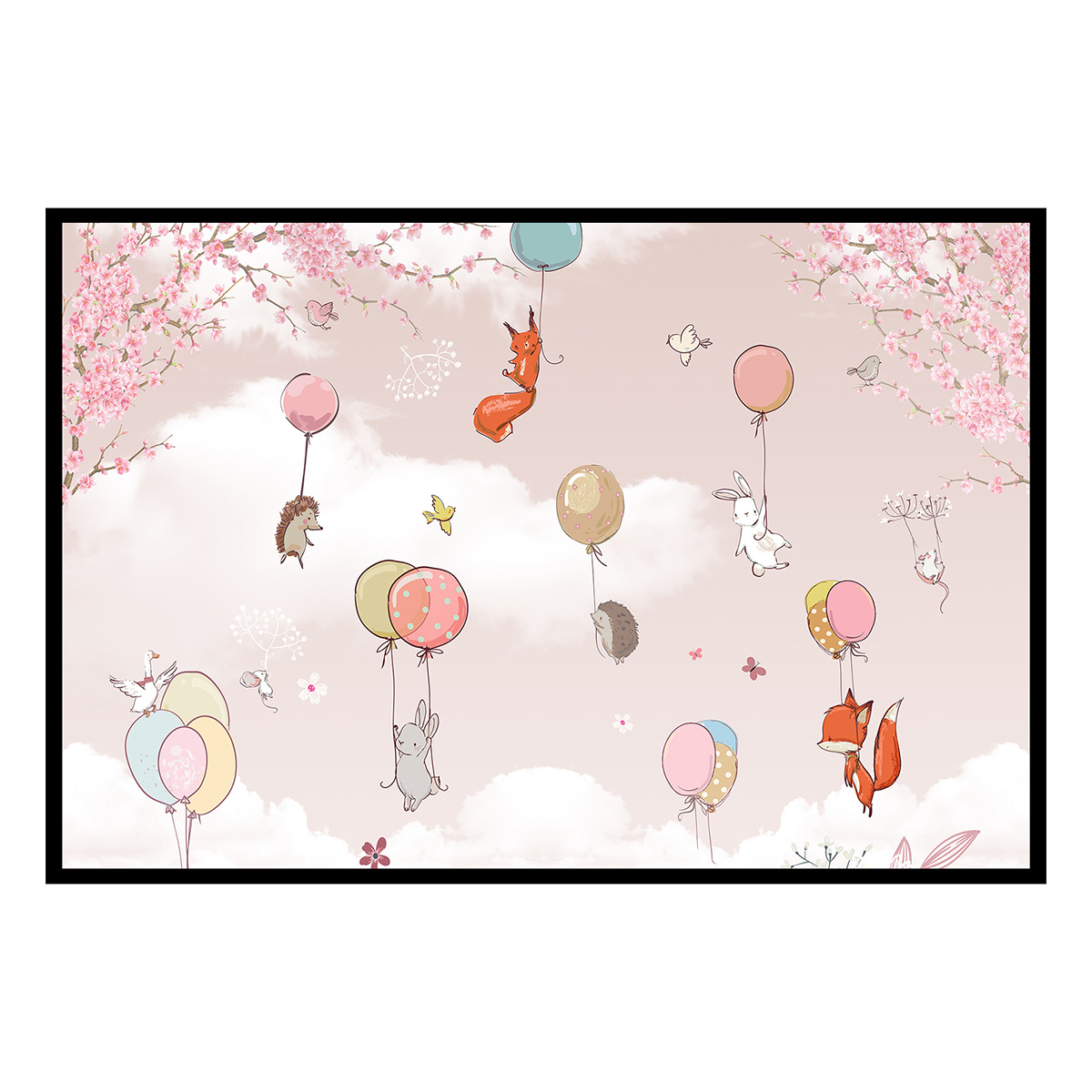 Affiche encadrée animaux ballons ciel rose, HEXOA