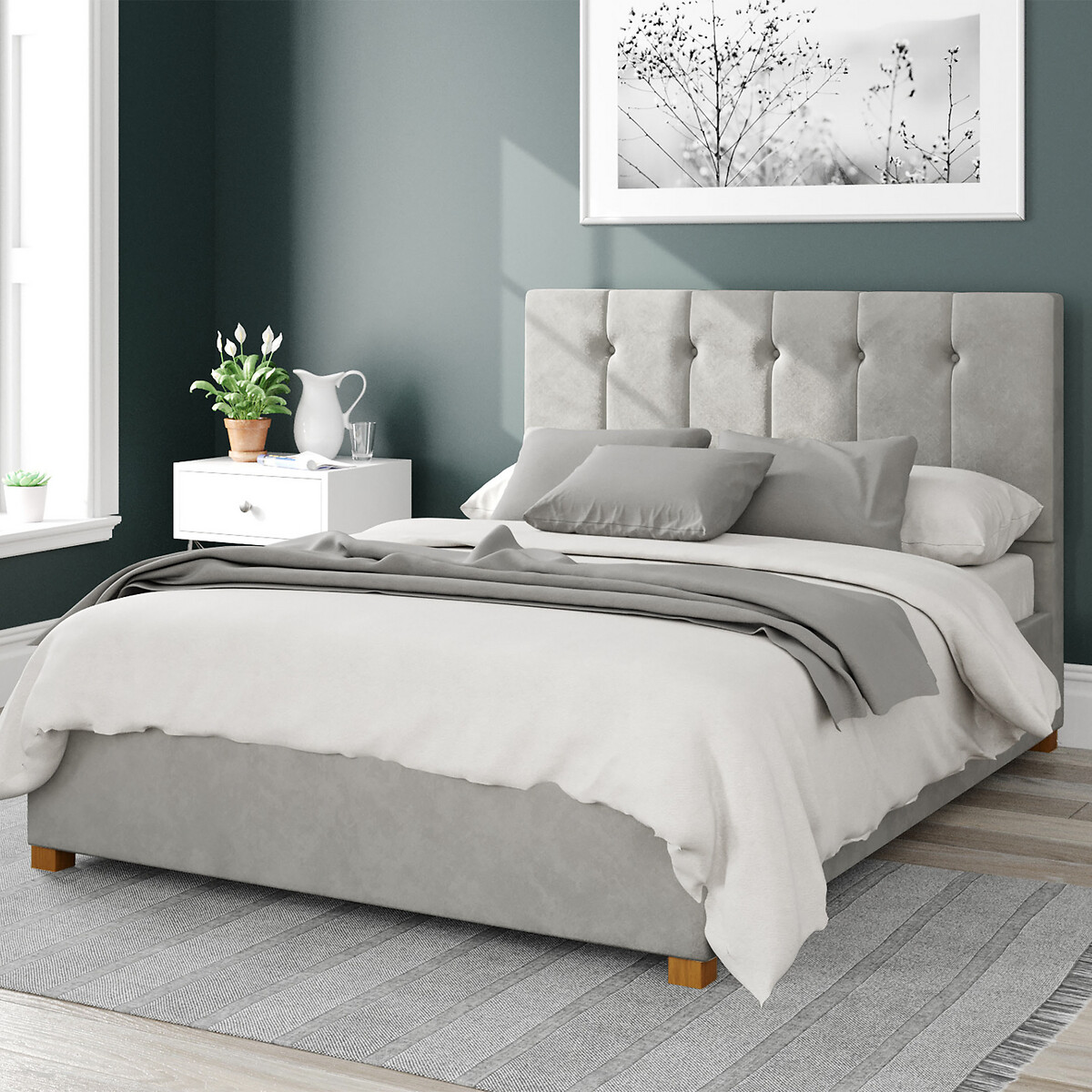 Grey velvet small double ottoman bed sale