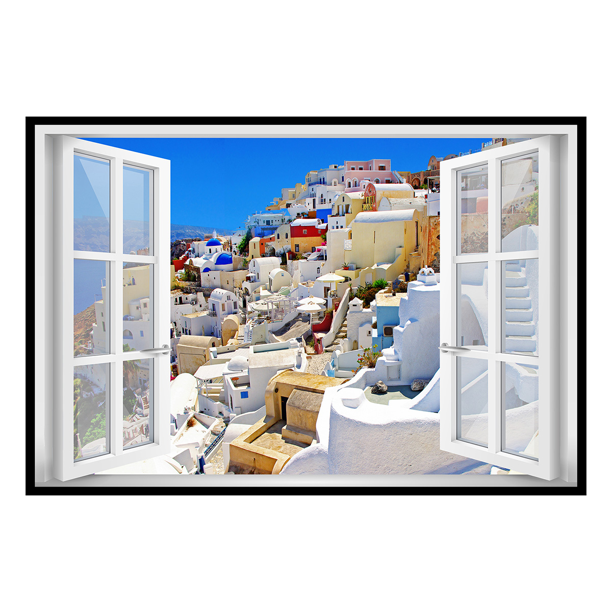 Affiche encadrée fenêtre village Santorin, HEXOA