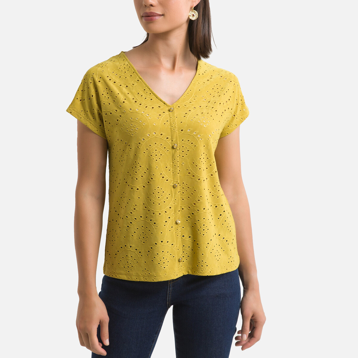 Openwork V-Neck T-Shirt with Short Sleeves
